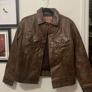 Vtg Gap Blue Jeans World Standard Brown Leather Trucker Jacket